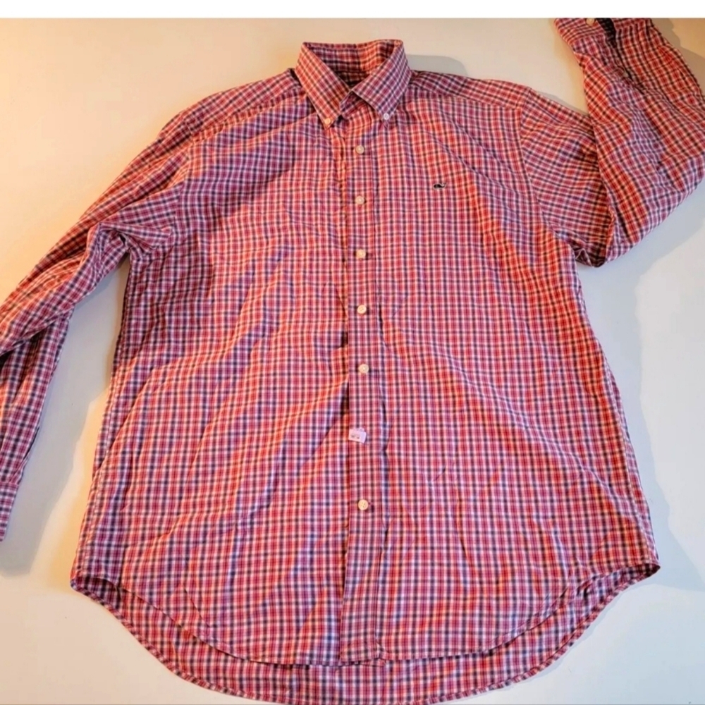Vineyard Vines Mens Button Down Shirt Large Pink Blue Plaid Whale